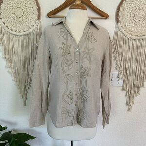 Saint Tropez West Linen Tan Embroidered Button Down Shirt large